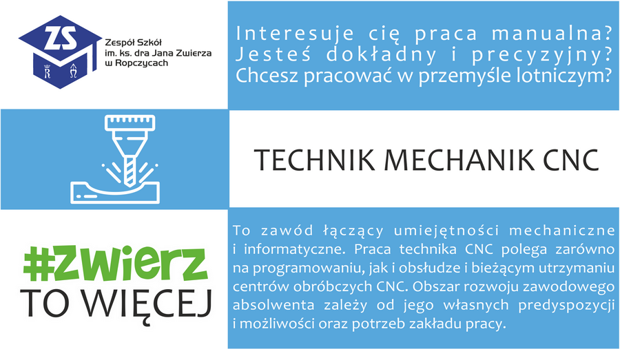 Plakat: Technik mechanik. Dla kogo i perspektywy. Treść dostępna w sekcji Materiały informacyjne szkoły.
