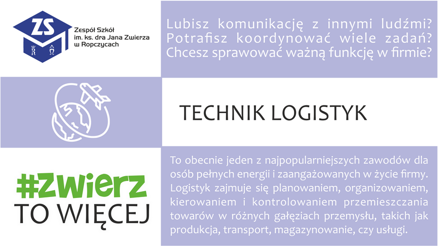 Plakat: Technik logistyk. Dla kogo i perspektywy. Treść dostępna w sekcji Materiały informacyjne szkoły.