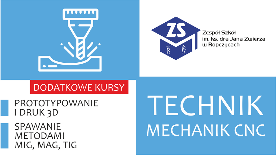 Plakat: Technik mechanik. Dodatkowe kursy. Treść dostępna w sekcji Materiały informacyjne szkoły.