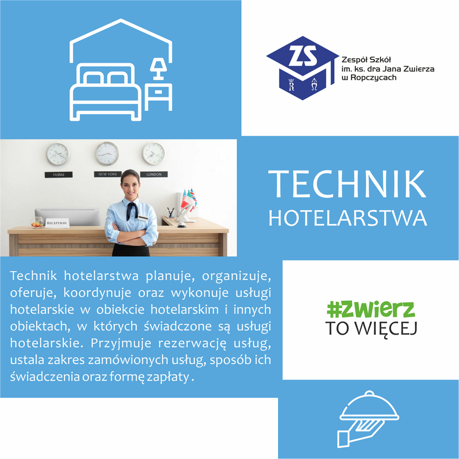 Plakat: Technik hotelarstwa. Opis kierunku. Treść dostępna w sekcji Materiały informacyjne szkoły.