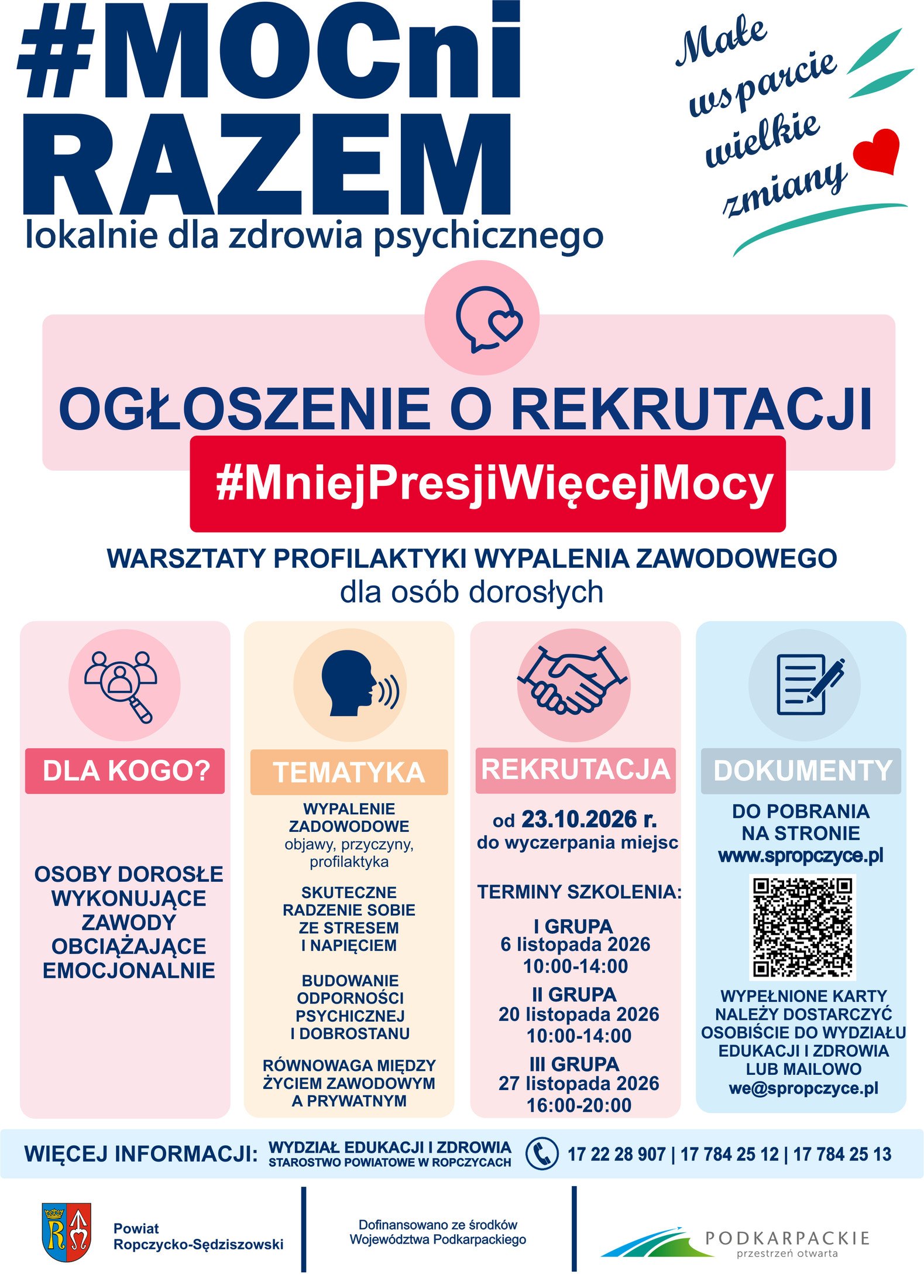 #MniejPresjiWięcejMocy — warsztaty profilaktyki wypalenia zawodowego. Terminy i informacje o zapisach podano także w tekście artykułu.