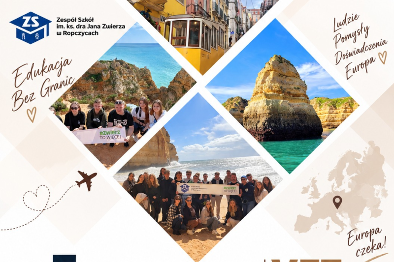 Plakat projektu Erasmus+ VET 2026/2027: praktyki zawodowe uczniów, mobilności nauczycieli i dofinansowanie 85 743 EUR.