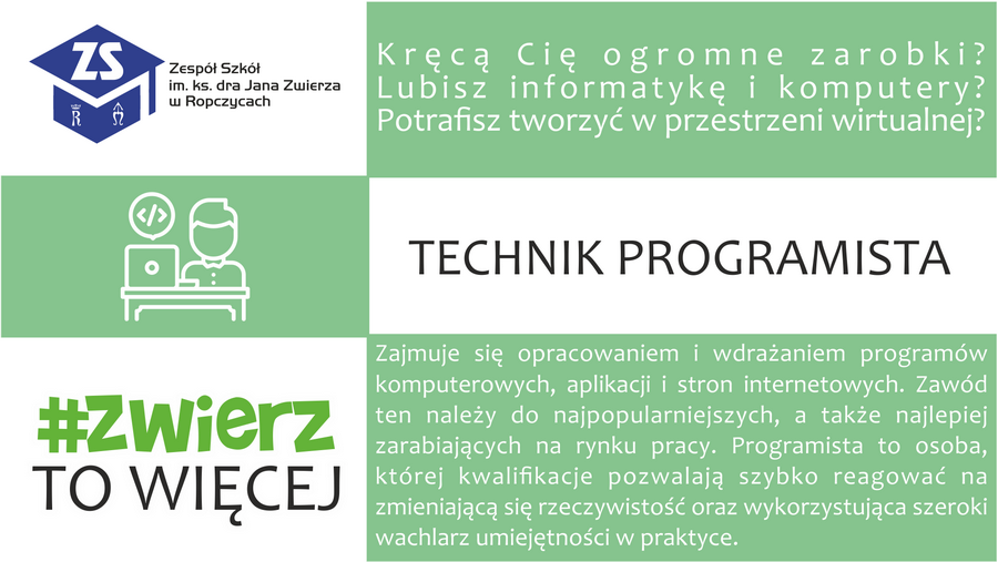 Plakat: Technik programista. Dla kogo i perspektywy. Treść dostępna w sekcji Materiały informacyjne szkoły.