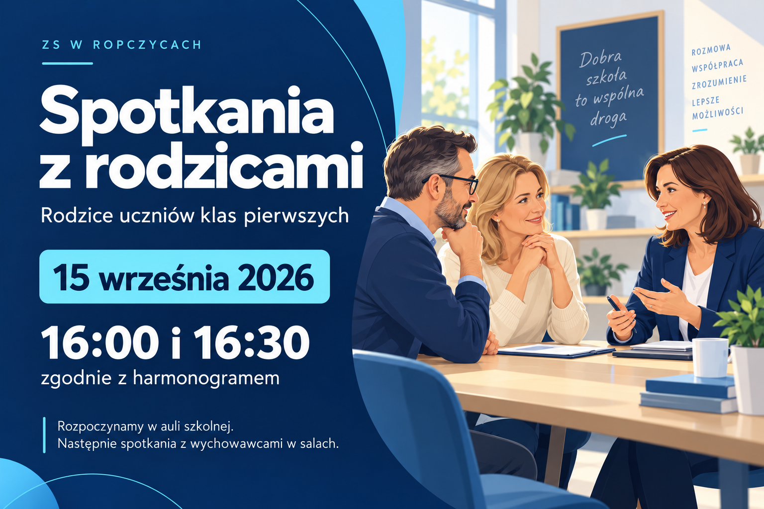 Spotkania z rodzicami uczniów klas pierwszych — 15 września 2026, godz. 16:00 i 16:30. Początek w auli szkolnej; następnie spotkania z wychowawcami w salach.