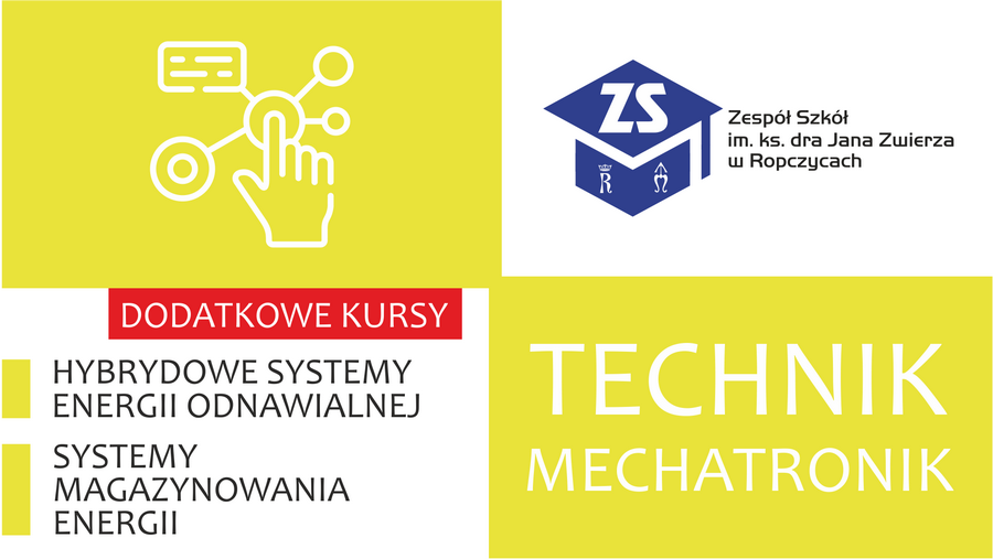 Plakat: Technik mechatronik. Dodatkowe kursy. Treść dostępna w sekcji Materiały informacyjne szkoły.