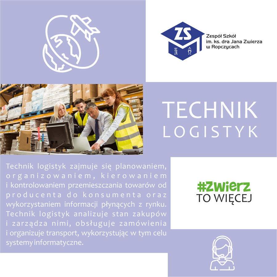 Plakat: Technik logistyk. Opis kierunku. Treść dostępna w sekcji Materiały informacyjne szkoły.