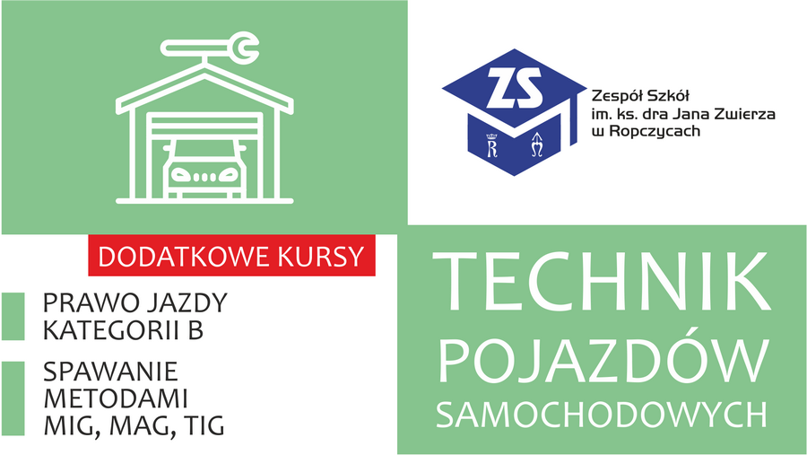 Plakat: Technik pojazdów samochodowych. Dodatkowe kursy. Treść dostępna w sekcji Materiały informacyjne szkoły.
