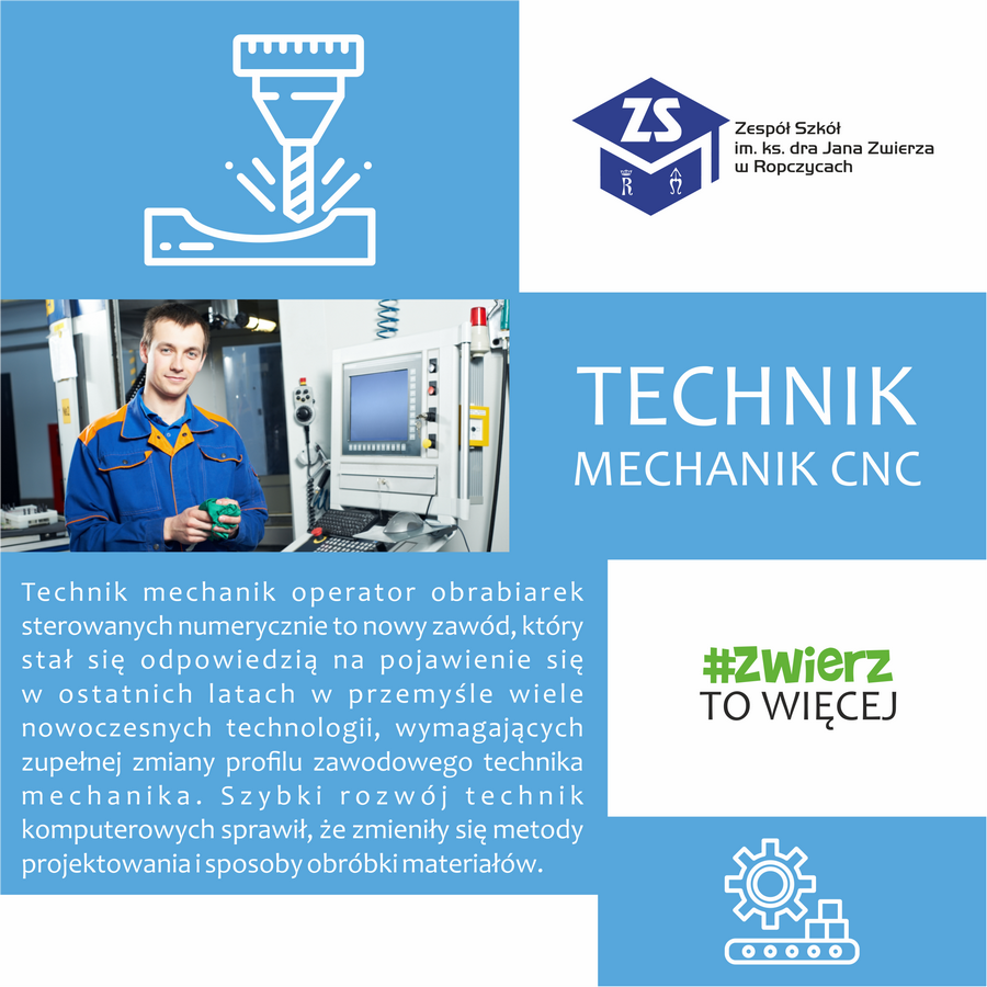 Plakat: Technik mechanik. Opis kierunku. Treść dostępna w sekcji Materiały informacyjne szkoły.
