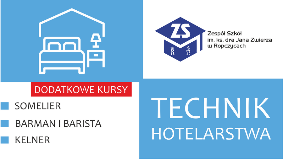 Plakat: Technik hotelarstwa. Dodatkowe kursy. Treść dostępna w sekcji Materiały informacyjne szkoły.