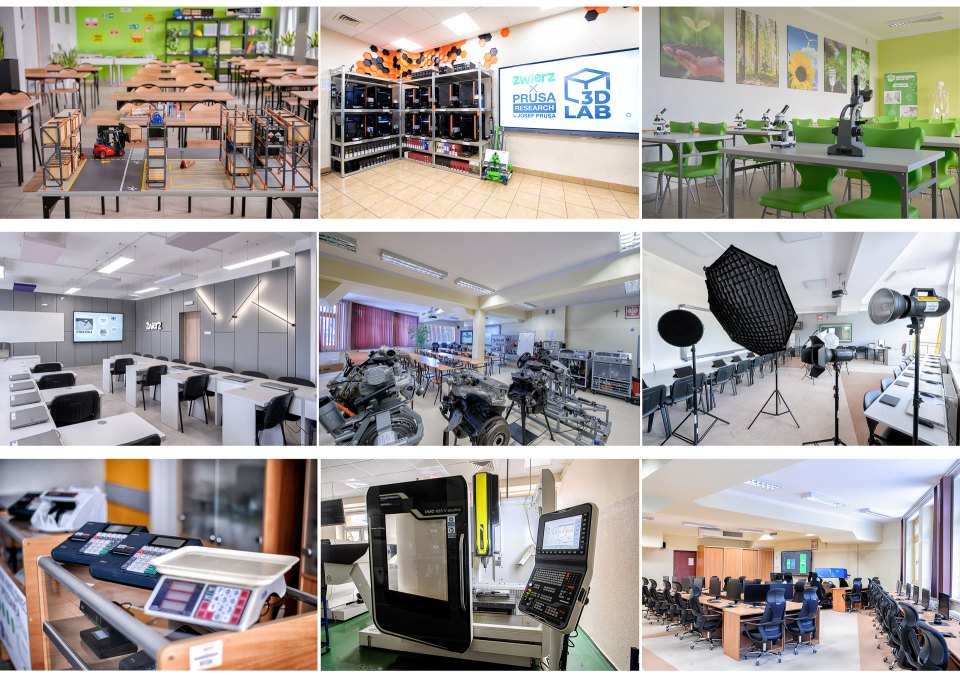 Kolaż wyposażenia szkoły: pracownie logistyczna, druku 3D, przyrodnicza, samochodowa, fotograficzna, handlowa, CNC i komputerowa.