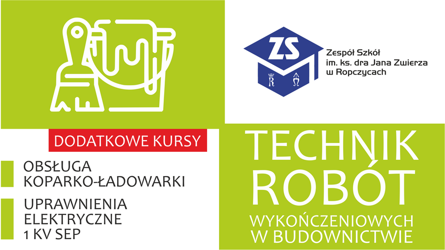 Plakat: Technik robót wykończeniowych w budownictwie. Dodatkowe kursy. Treść dostępna w sekcji Materiały informacyjne szkoły.