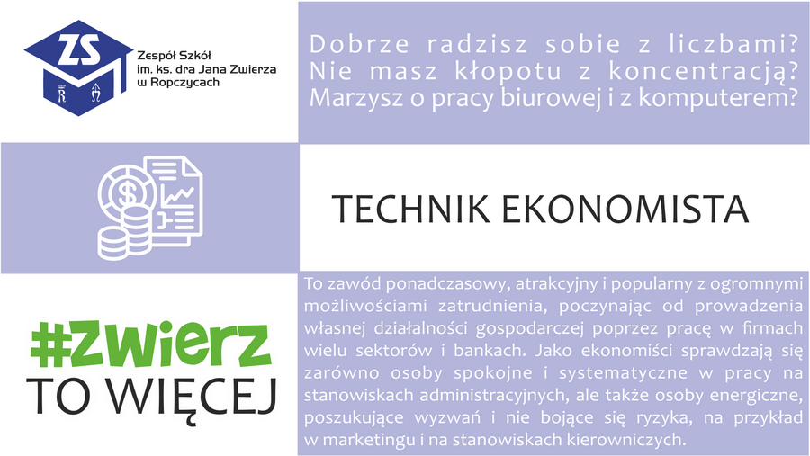 Plakat: Technik ekonomista. Dla kogo i perspektywy. Treść dostępna w sekcji Materiały informacyjne szkoły.