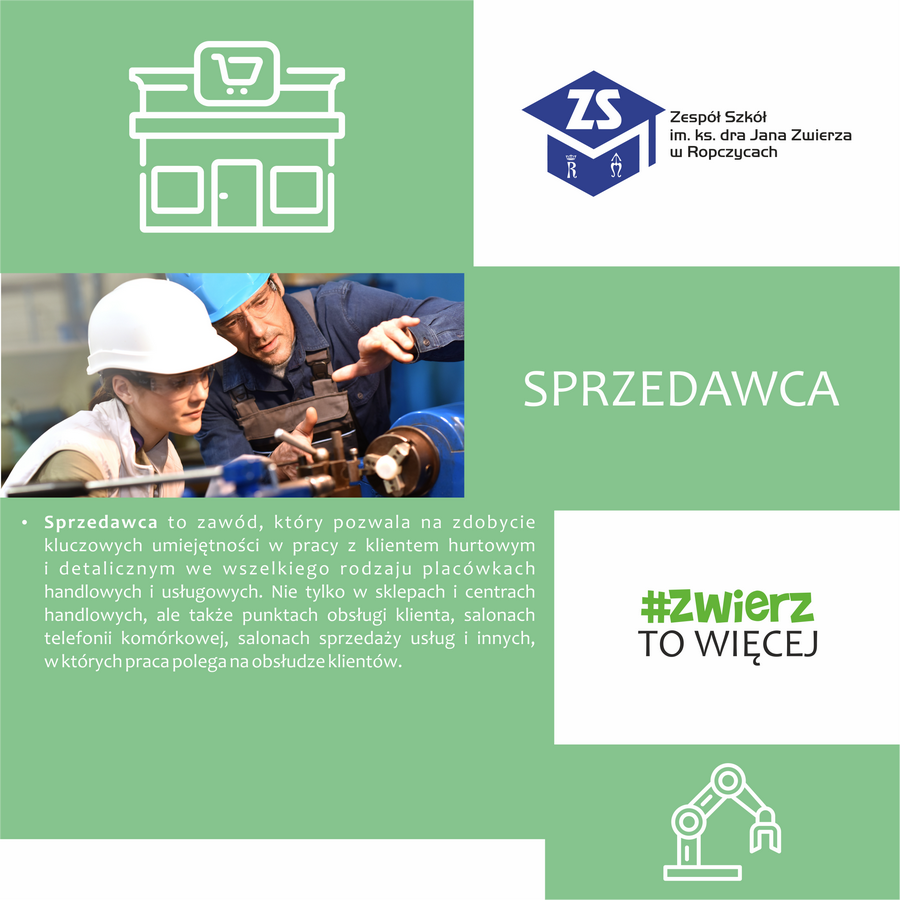 Plakat: Sprzedawca. Opis kierunku. Treść dostępna w sekcji Materiały informacyjne szkoły.