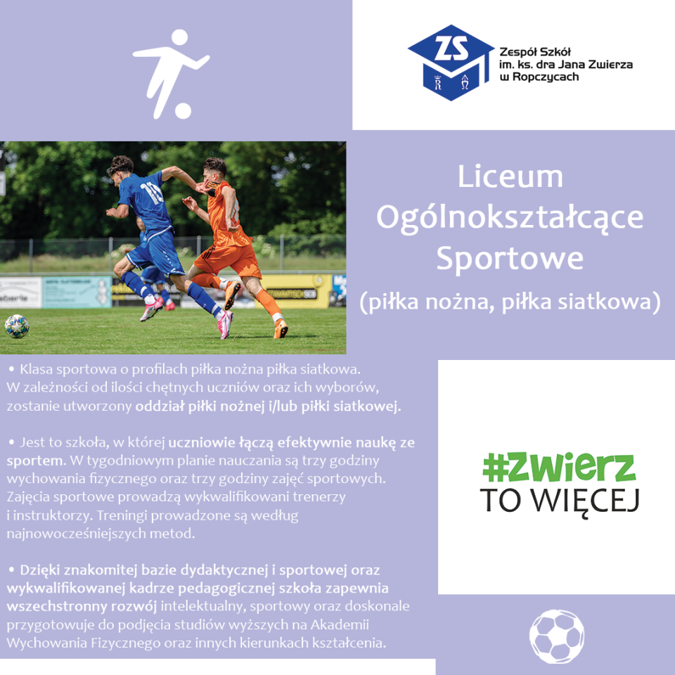 Plakat: Liceum Ogólnokształcące sportowe – piłka nożna - piłka siatkowa. Piłka nożna i piłka siatkowa. Treść dostępna w sekcji Materiały informacyjne szkoły.