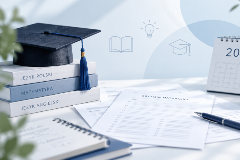 Matura 2027 — biret, podręczniki, arkusz egzaminacyjny i kalendarz.