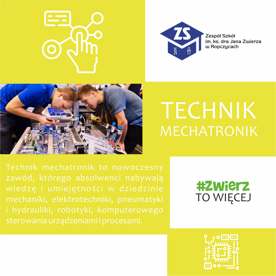 Plakat: Technik mechatronik. Opis kierunku. Treść dostępna w sekcji Materiały informacyjne szkoły.