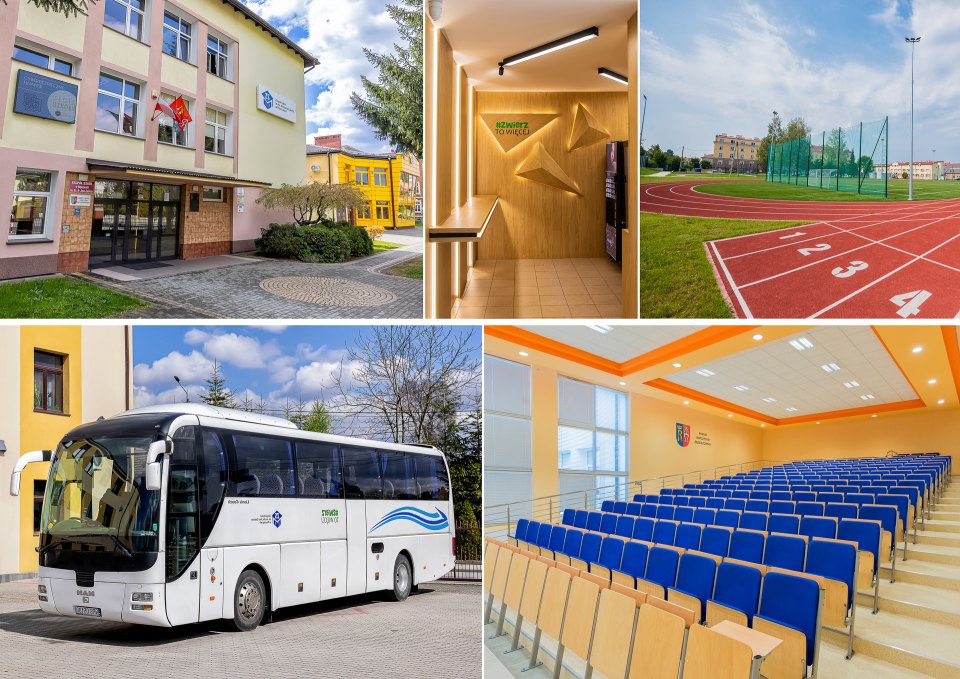 Kolaż infrastruktury szkoły: budynek, sztandar, boisko, autokar i aula.