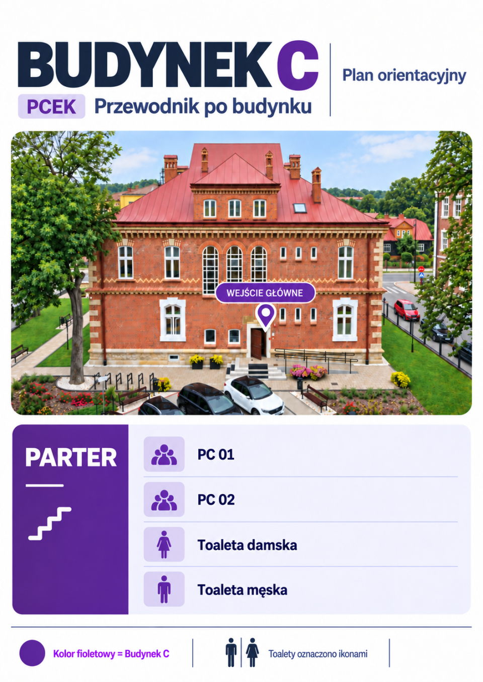 Budynek C (PCEK): fotografia z oznaczonym wejściem głównym oraz sale PC 01, PC 02 i toalety na parterze. Wykaz pod galerią.