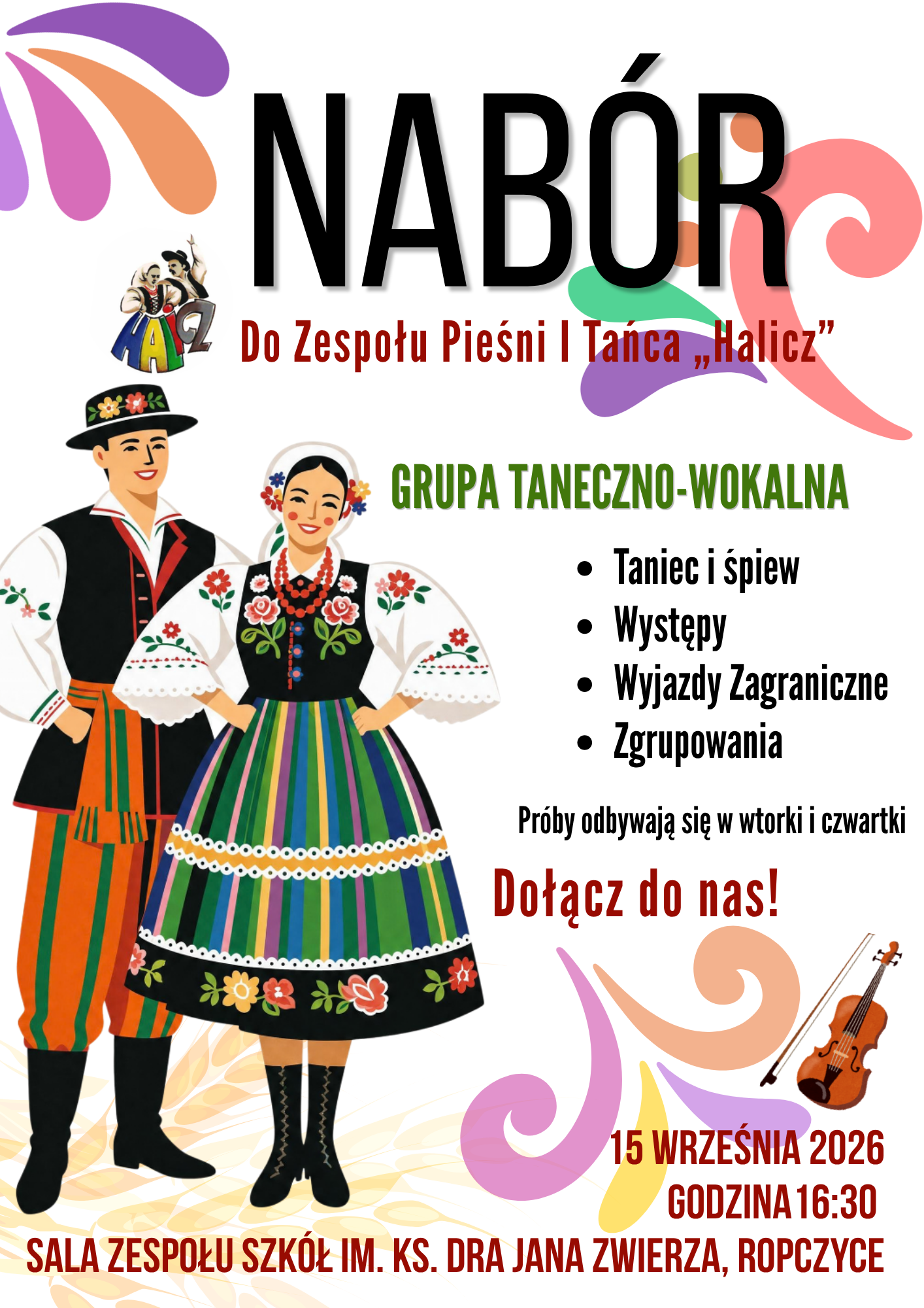 Plakat naboru do Zespołu Pieśni i Tańca „Halicz”. Termin, miejsce i informacje o próbach znajdują się w tekście artykułu.
