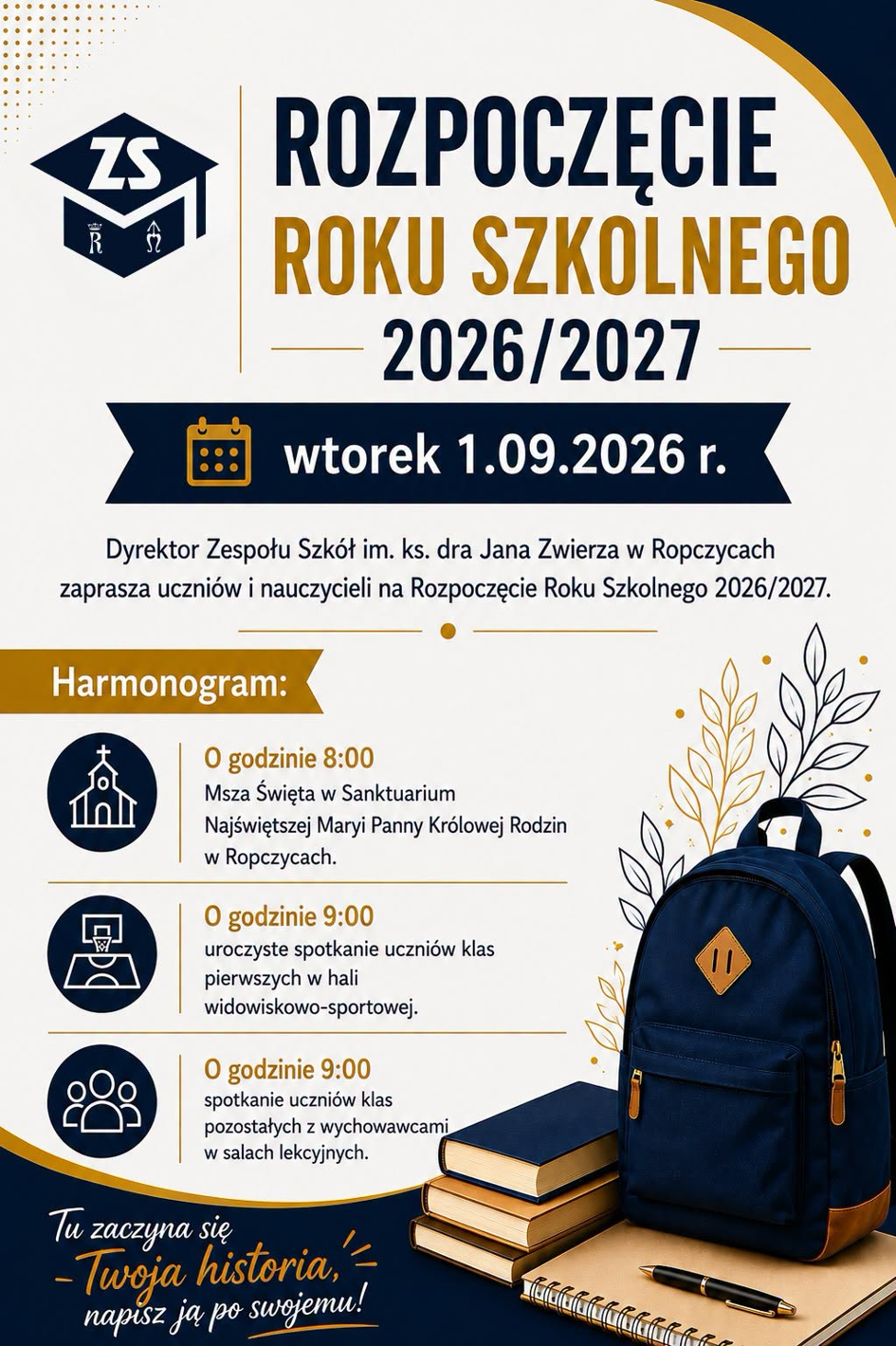 Rozpoczęcie roku szkolnego 2026/2027 — plakat z harmonogramem.