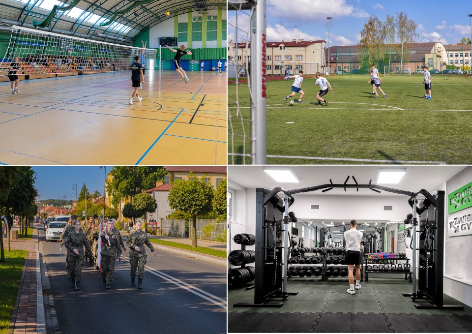 Kolaż sportu i uroczystości: hala sportowa, boisko, przemarsz oraz siłownia.