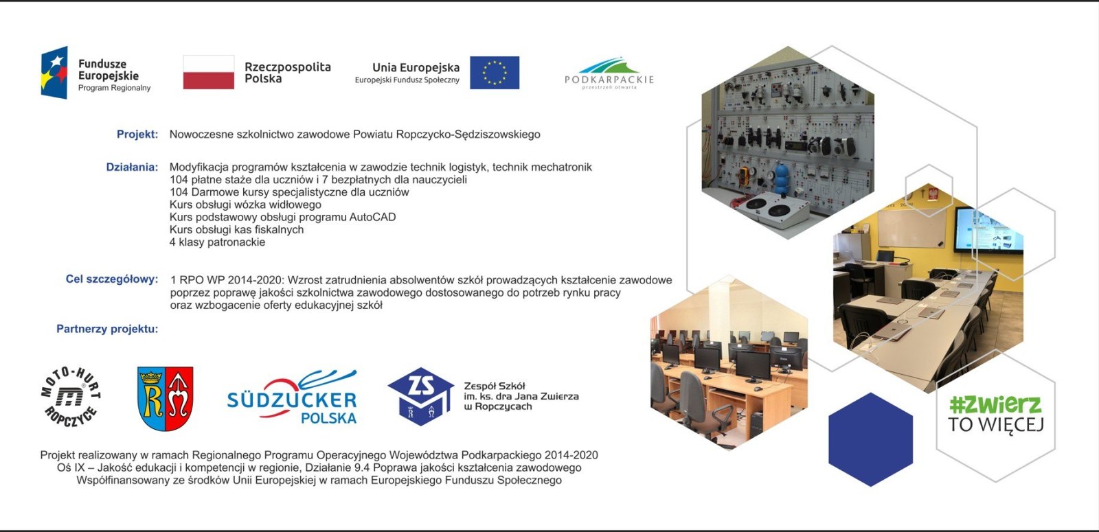 Plakat projektu Nowoczesne szkolnictwo zawodowe Powiatu Ropczycko-Sędziszowskiego. Informacje z plakatu znajdują się poniżej w tekście.