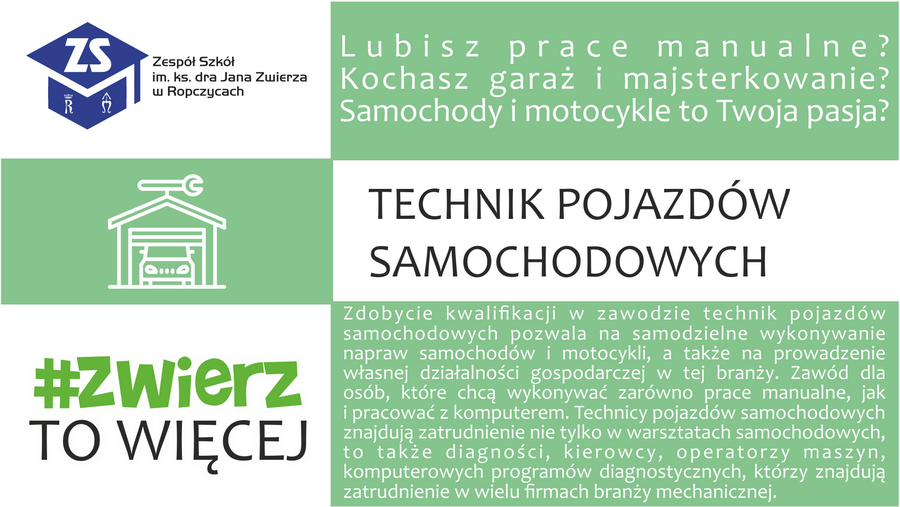 Plakat: Technik pojazdów samochodowych. Dla kogo i perspektywy. Treść dostępna w sekcji Materiały informacyjne szkoły.