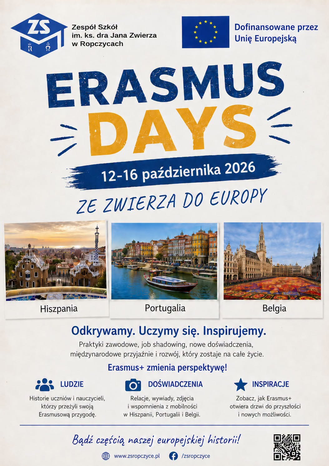 Plakat Erasmus Days 2026 „Ze Zwierza do Europy”, 12–16 października, z grafikami Hiszpanii, Portugalii i Belgii.